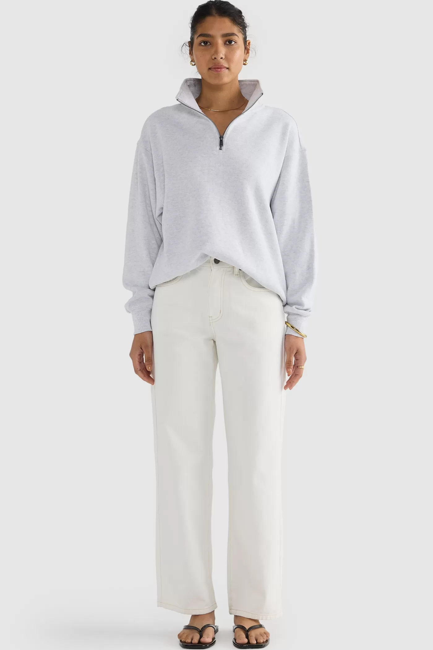 Ava Ribbed Quarter Zip White Marle^ORTC Clothing Co Discount
